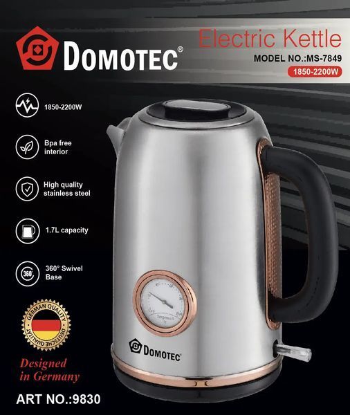 Електрочайник з термометром та корпусом з нержавіючої сталі Domotec MS 7849, 1.7л, 2000Вт, потужний, автоматичний, для дітей sp9830 фото