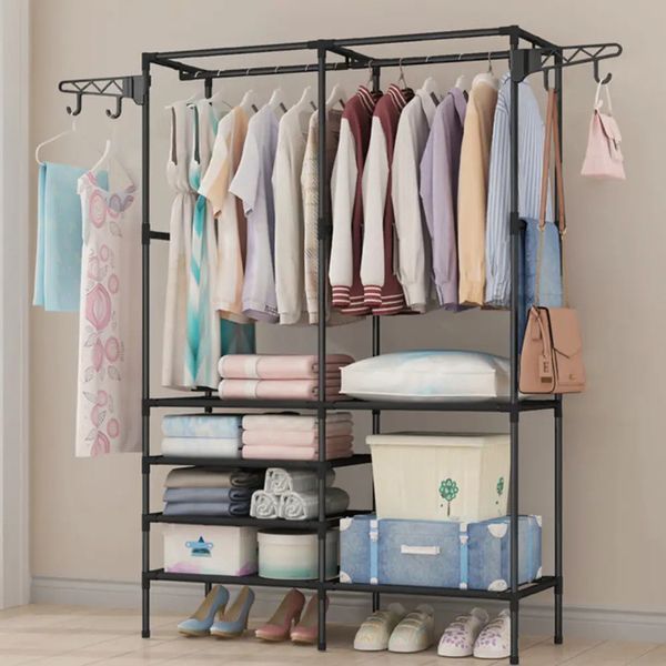 Универсальный шкаф-вешалка стойка для одежды double pole, до 15кг, 160x112x46см, водозащита, нержавеющая сталь, компактный A-242 фото